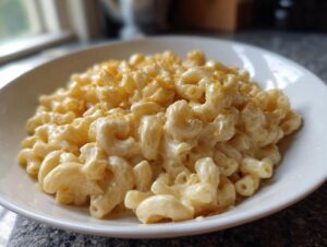 Close-up of creamy 3 ingredient stovetop mac and cheese in a white bowl, sprinkled with extra cheese.