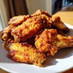 A pile of golden brown, crispy air fryer chicken wings on a white plate.