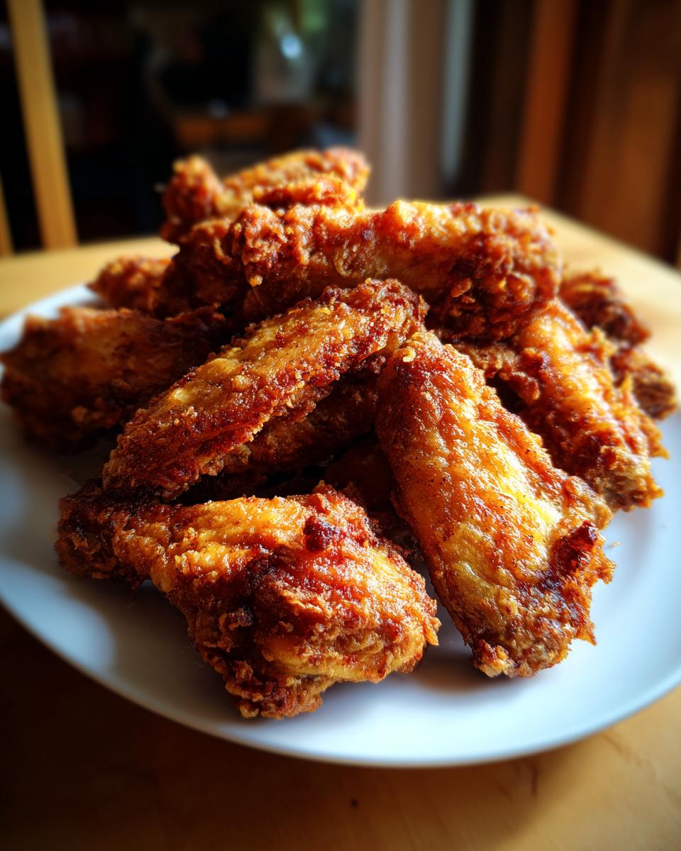 A close-up shot of a pile of golden-brown, crispy Air Fryer Chicken Wings on a white plate.