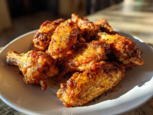 A plate of perfectly cooked, golden brown Air Fryer Chicken Wings, seasoned with herbs.