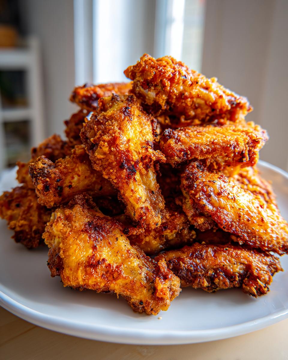 A large pile of golden-brown, crispy air fryer chicken wings on a white plate.