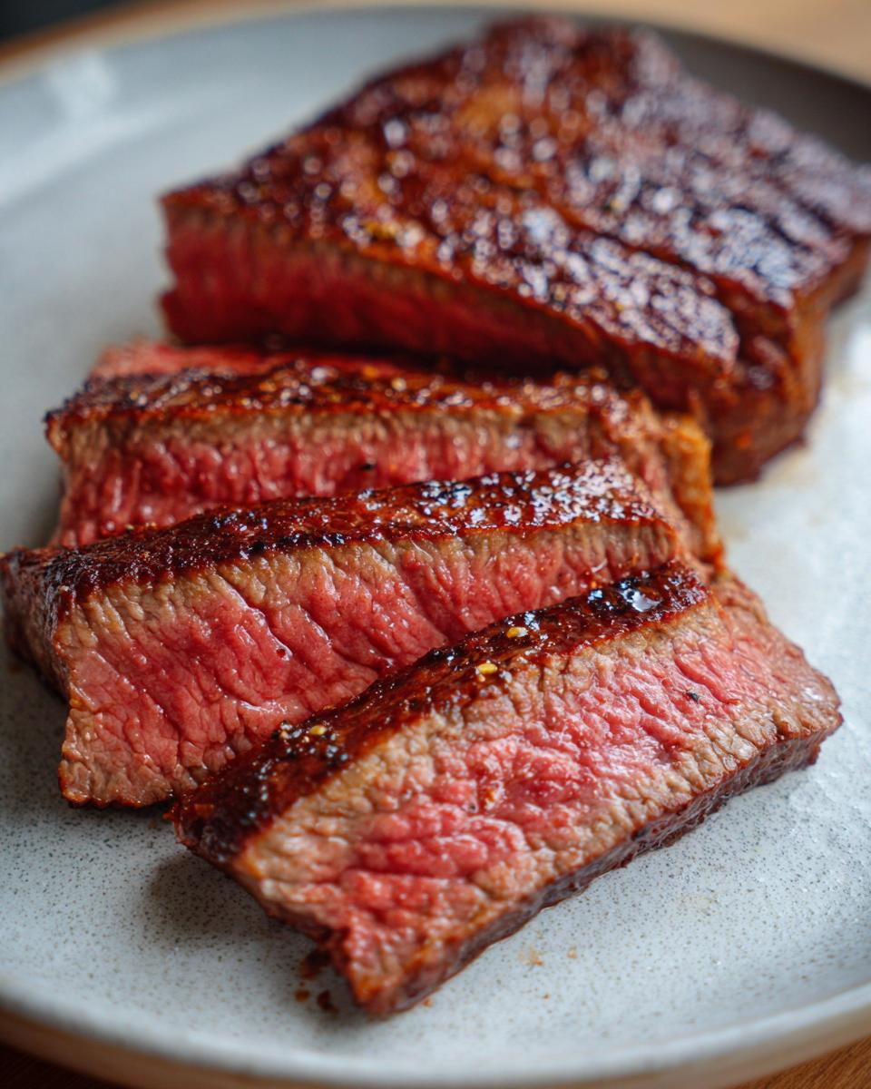 Close-up of perfectly cooked Alton Brown London broil, sliced to reveal a tender, pink interior and a seared crust.