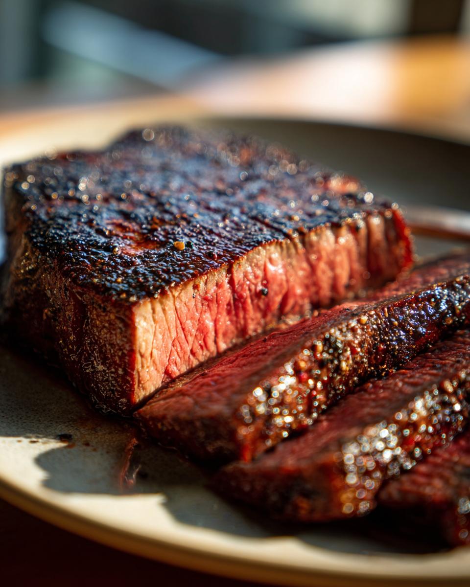 Close-up of a perfectly cooked Alton Brown London broil steak, sliced and showing a juicy red center.