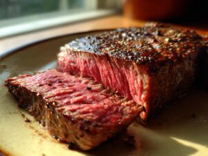 Close-up of a perfectly cooked Alton Brown London broil steak, sliced to reveal a juicy medium-rare interior.