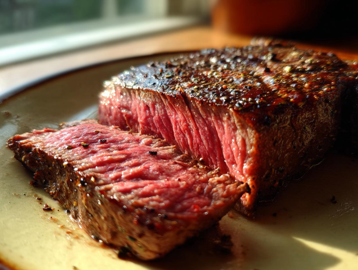Close-up of a perfectly cooked Alton Brown London broil steak, sliced to reveal a juicy medium-rare interior.