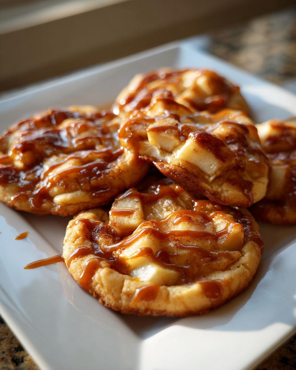 Close-up of warm apple pie cookies topped with chunks of apple and a caramel drizzle.