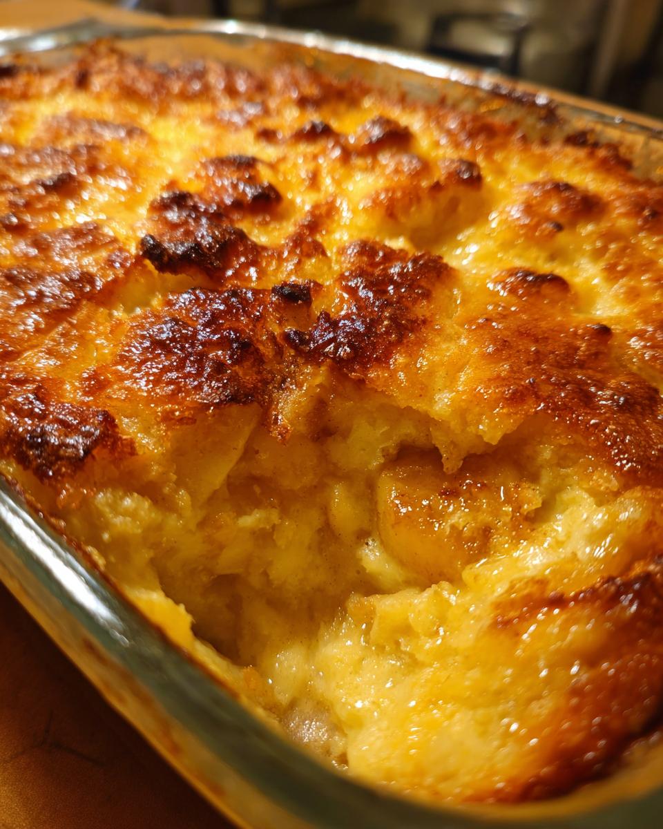 Close-up of a golden brown Apple Snickerdoodle Dump Cake baked in a glass dish, with a scoop removed.