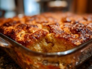 Close-up of a freshly baked Apple Snickerdoodle Dump Cake in a glass baking dish, showing its golden-brown, slightly crisp topping.