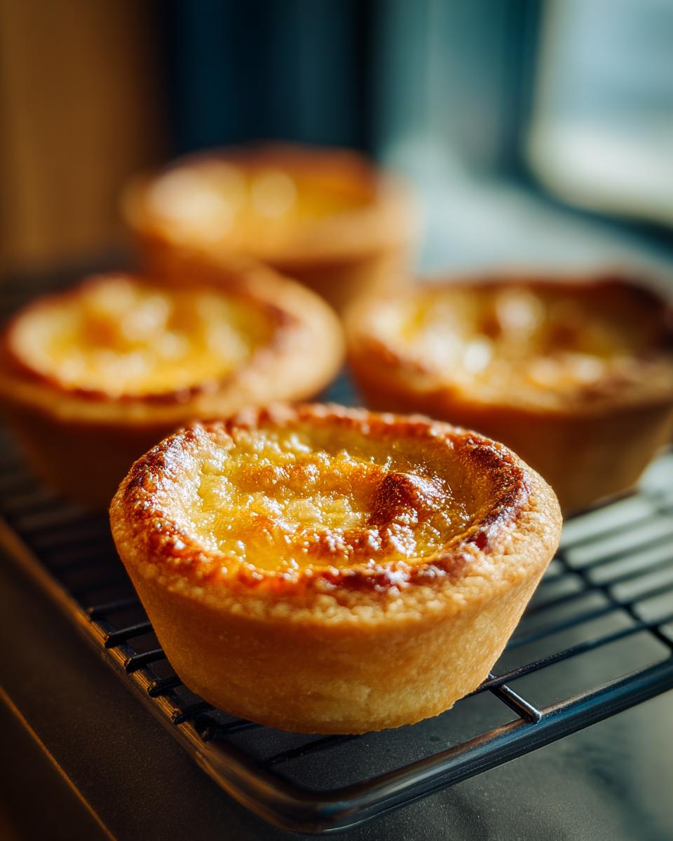 Close-up of four golden-brown Baby Lemon Impossible Pies cooling on a black wire rack.