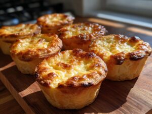 A close-up of six golden-brown baby lemon impossible pies, freshly baked and arranged on a wooden cutting board.