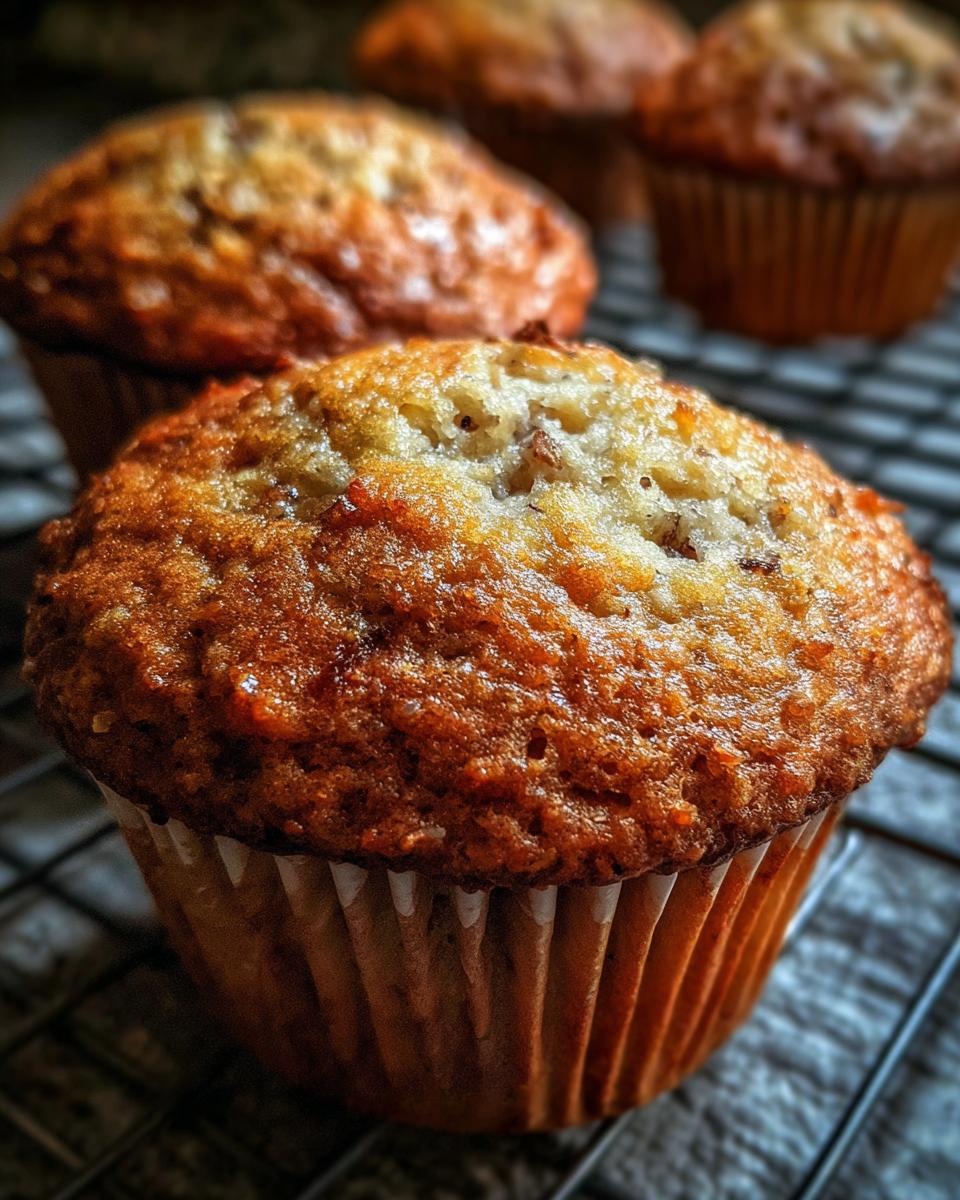 Close-up of freshly baked banana nut muffins with golden brown tops cooling on a wire rack.