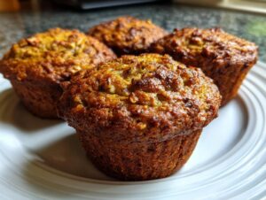 A close-up of four golden-brown banana nut muffins on a white plate, showcasing their textured tops.