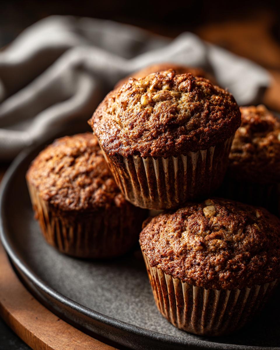 Close-up of a stack of freshly baked banana nut muffins on a dark plate, showing their textured tops and nutty inclusions.