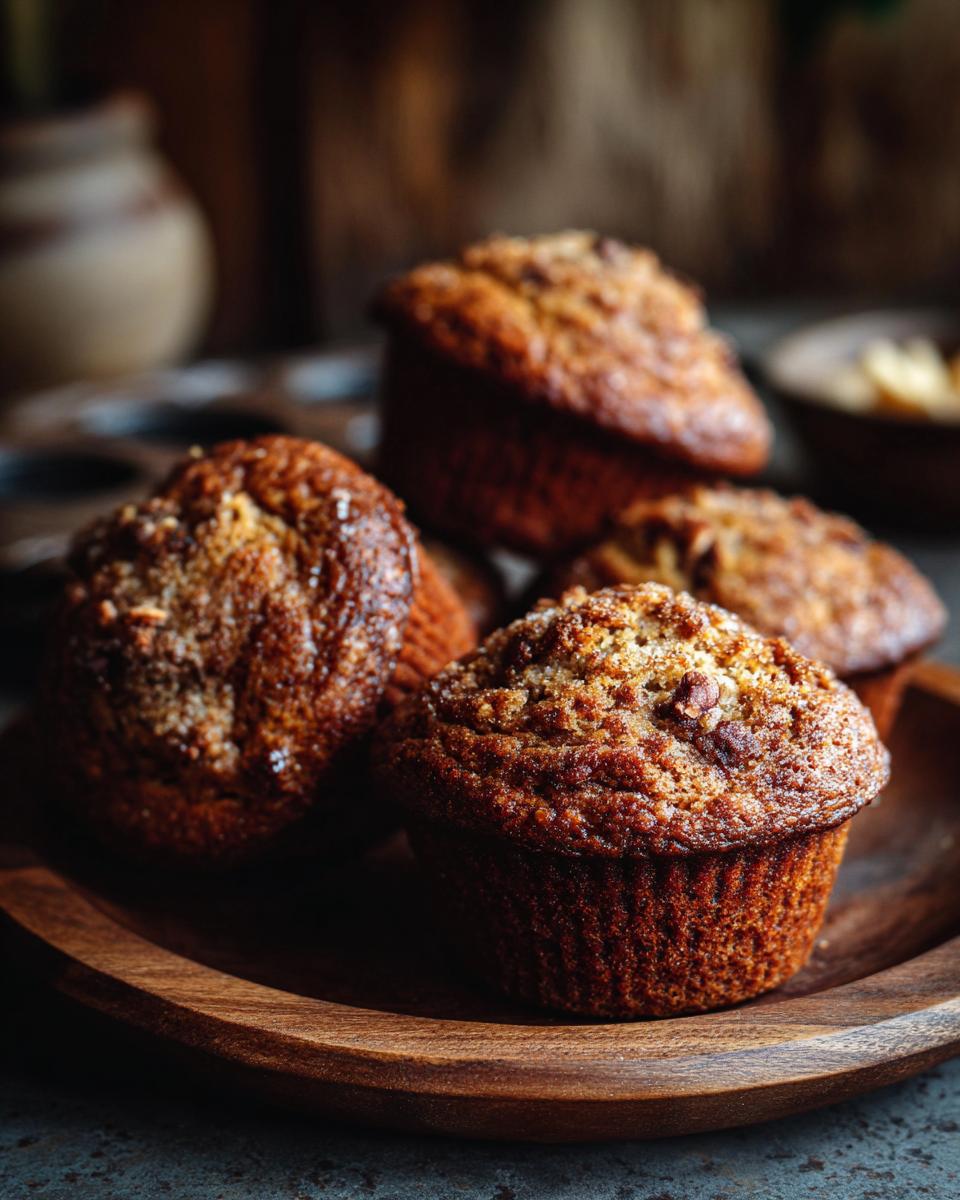 Close-up of freshly baked banana nut muffins with a crumb topping on a rustic wooden plate.
