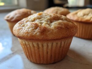 Close-up of a golden-brown banana protein muffin topped with a sprinkle of cinnamon.