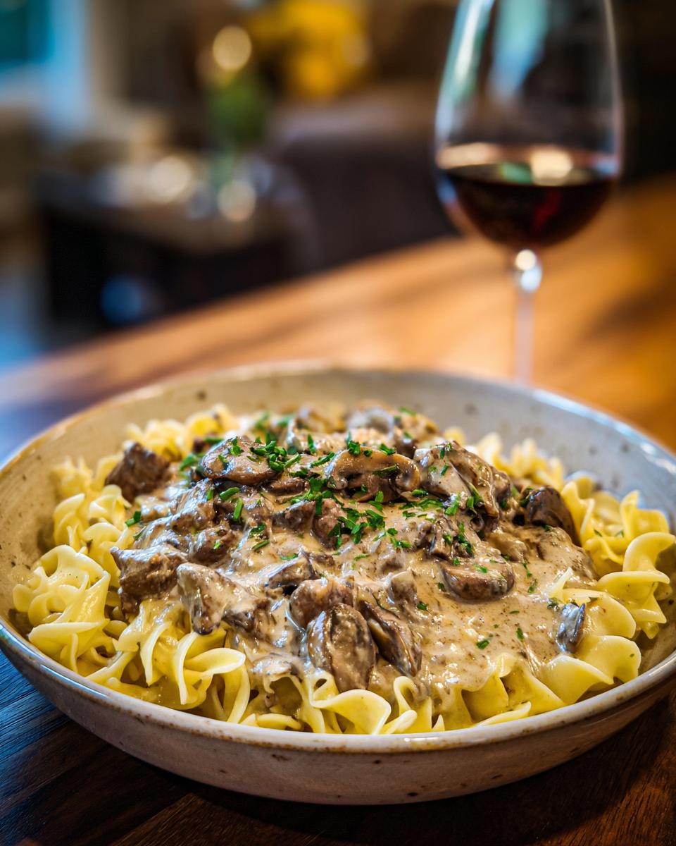 A close-up of a bowl of delicious Beef Stroganoff served over egg noodles, garnished with fresh parsley.