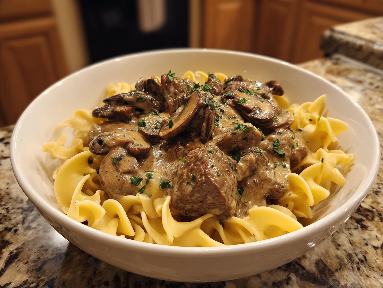 A close-up of a bowl of Beef Stroganoff served over egg noodles, topped with mushrooms and parsley.