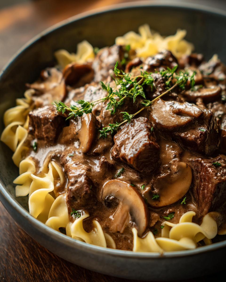 A close-up of a bowl of rich Beef Stroganoff with tender beef chunks, mushrooms, and egg noodles, garnished with fresh thyme.