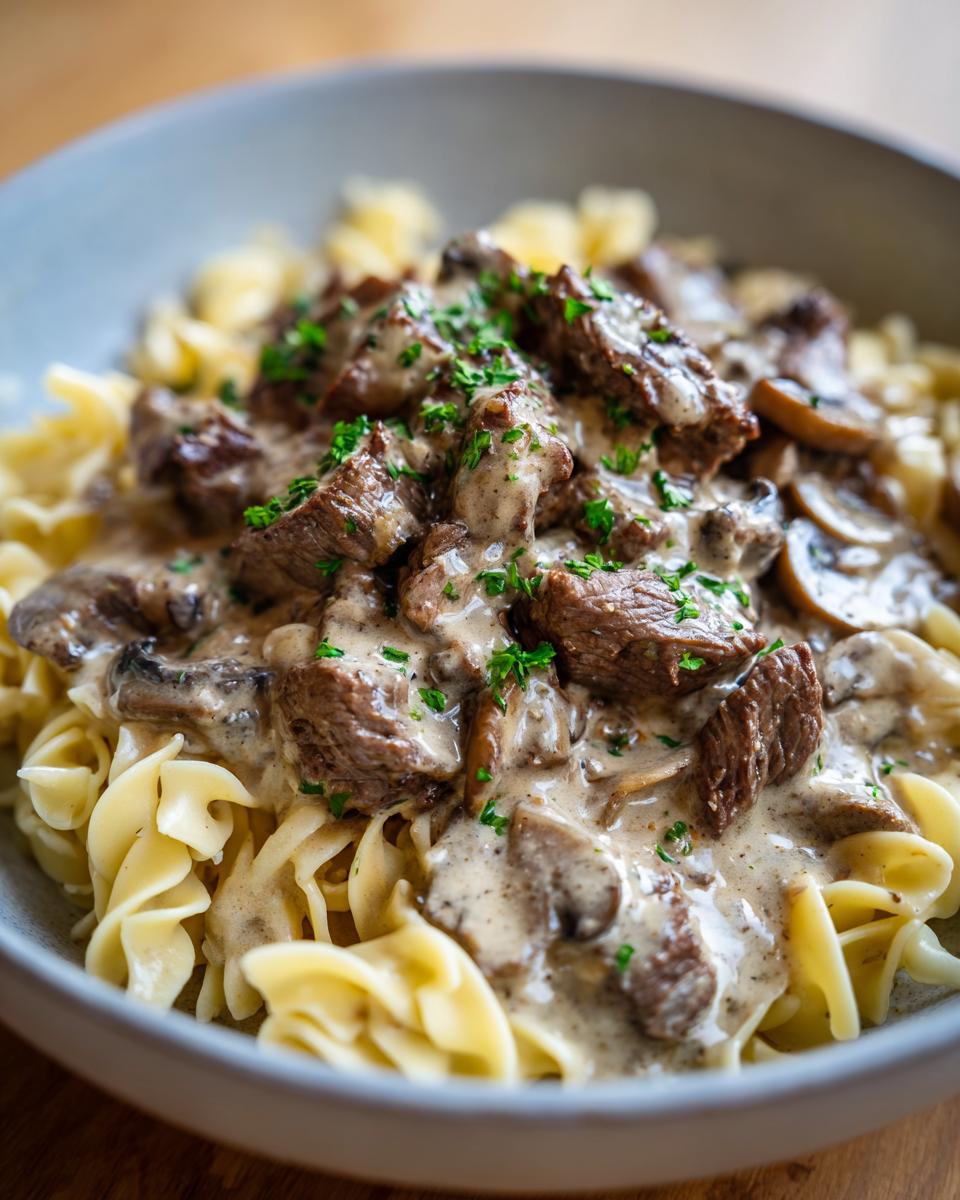 A close-up of a bowl of beef stroganoff, featuring tender beef slices, mushrooms, and creamy sauce over egg noodles, garnished with parsley.
