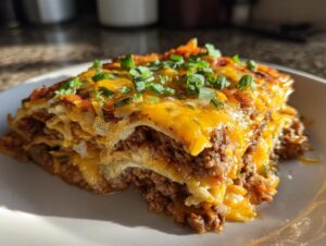 A close-up of a slice of beef taco casserole, layered with tortillas, seasoned ground beef, and melted cheese, topped with green onions.