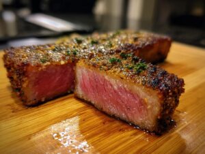 A perfectly cooked blackened tuna steak, sliced to reveal a vibrant pink interior, seasoned with herbs.