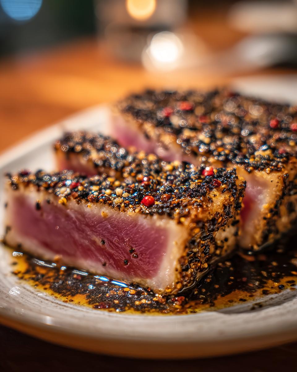 Close-up of perfectly blackened tuna steak slices, coated in a spice rub and served with a flavorful sauce.