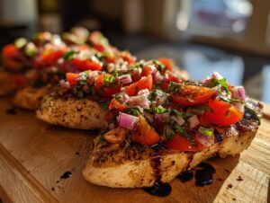 Close-up of grilled Bruschetta chicken breasts topped with fresh tomatoes, basil, and red onion on a wooden cutting board.