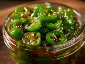 Close-up of a glass jar filled with glistening candied jalapenos, showcasing their vibrant green color and syrupy coating.