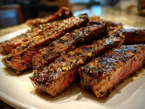 Close-up of perfectly grilled carne asada steak slices, showcasing a juicy pink interior and a rich, glossy marinade.
