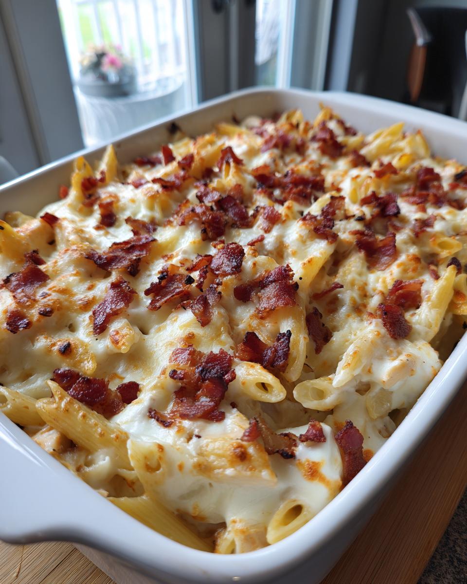 A close-up of a baked chicken bacon ranch casserole with penne pasta, creamy sauce, and crispy bacon.
