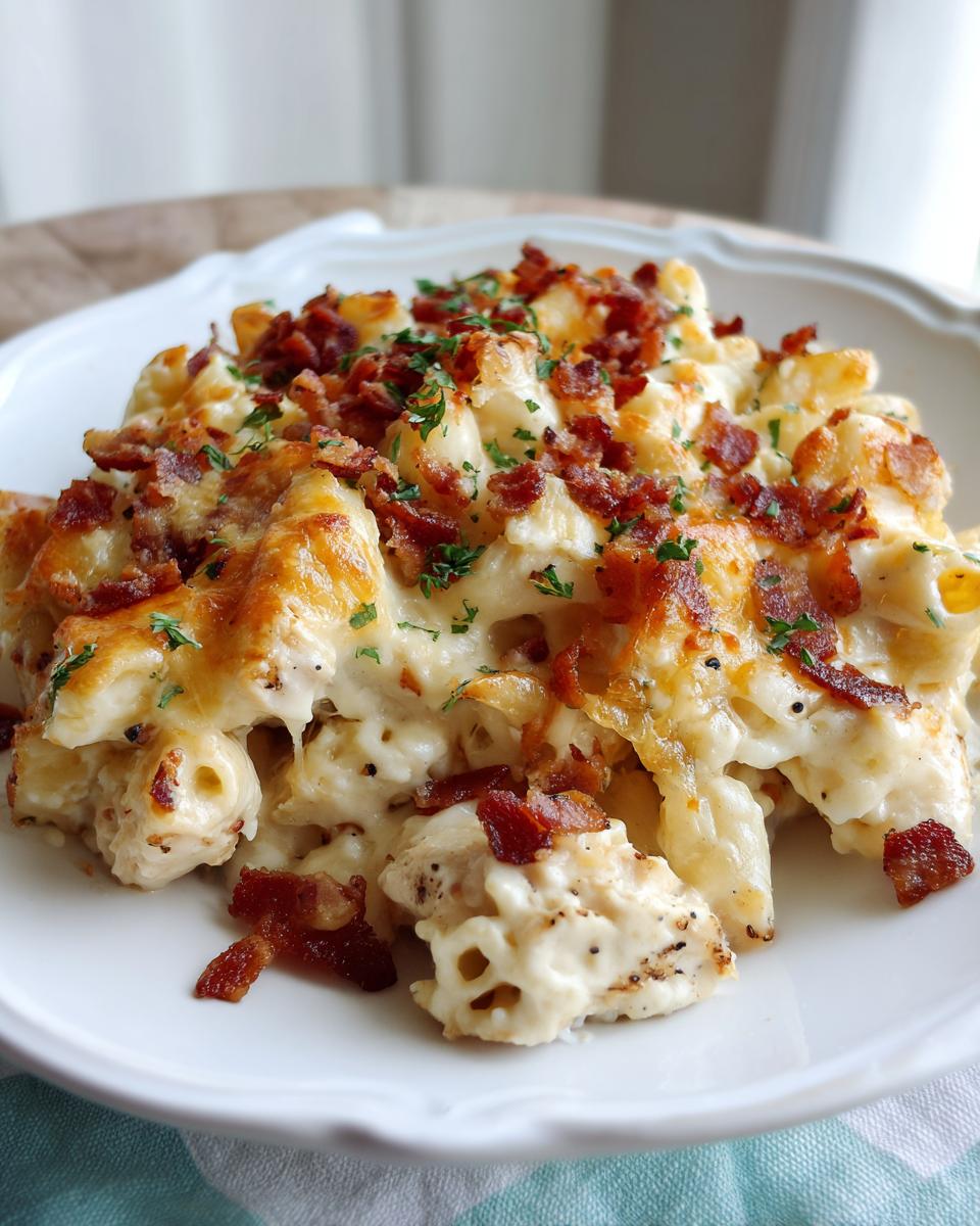 A close-up of a creamy Chicken Bacon Ranch Casserole topped with crispy bacon bits and fresh parsley.