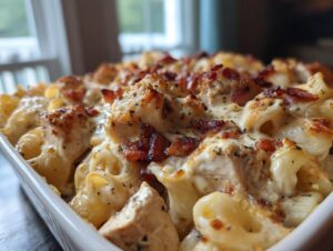 Close-up of a creamy Chicken Bacon Ranch Casserole with pasta, chicken pieces, and crispy bacon bits.