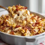 A spoonful of cheesy Chicken Bacon Ranch Casserole, showing pasta, chicken, and crispy bacon.