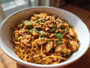 A close-up of a white bowl filled with Chicken Pad Thai noodles, topped with chopped peanuts and fresh cilantro.