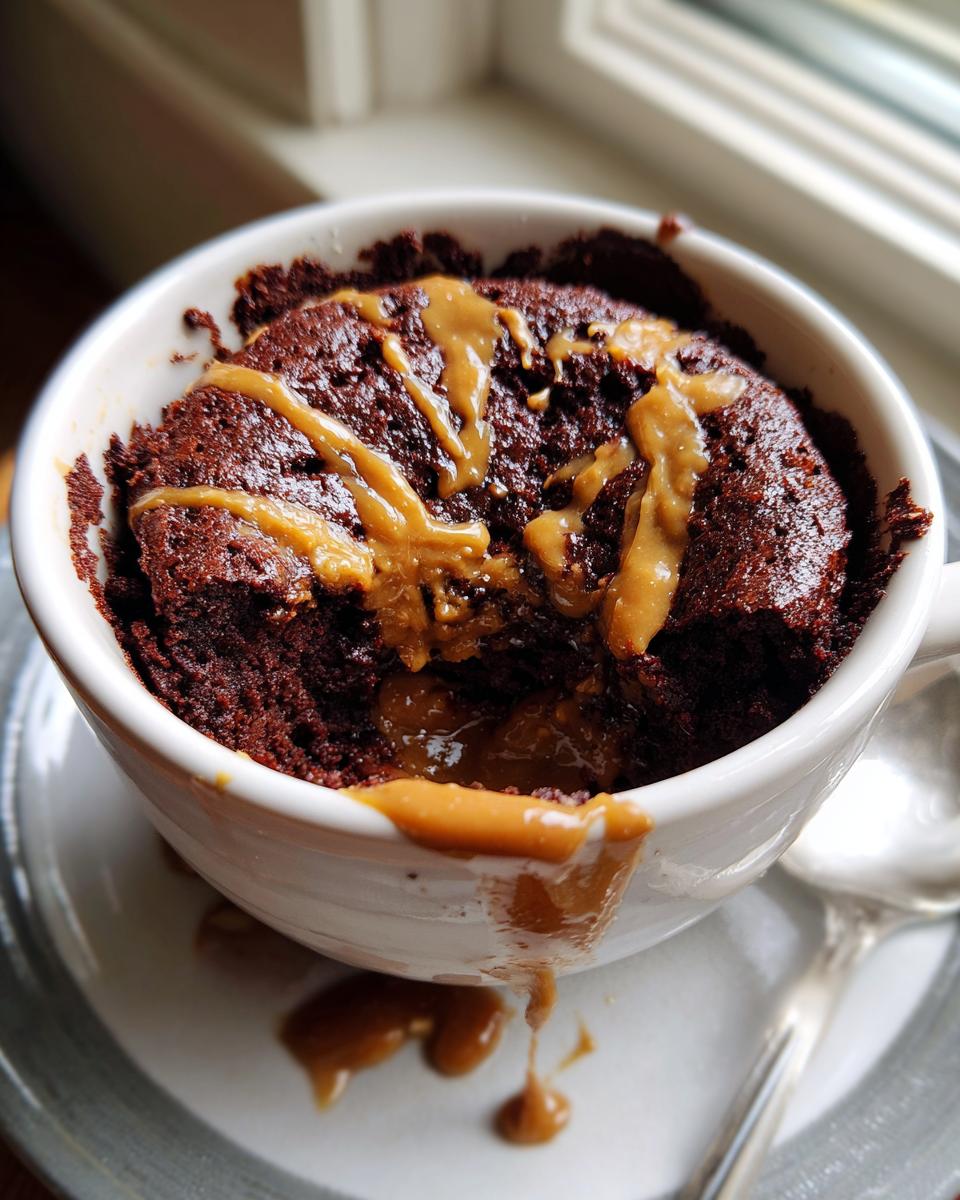 Close-up of a rich chocolate protein mug cake topped with a gooey peanut butter drizzle, served in a white mug.