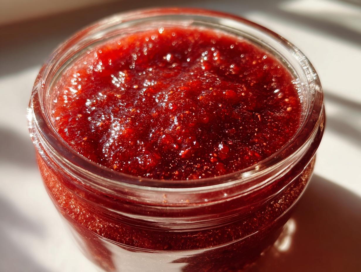A close-up shot of a jar filled with glistening, homemade Christmas jam, showcasing its rich red color and fruit texture.