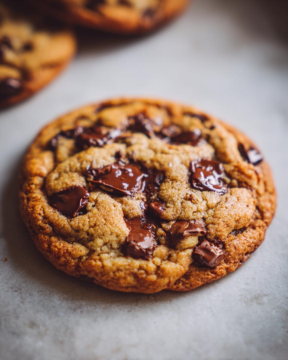 Close-up of a perfectly baked classic chocolate chip cookie with melted chocolate chips.