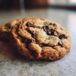 Close-up of a perfectly baked classic chocolate chip cookie with visible chocolate chunks and flaky sea salt.