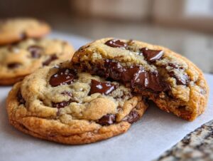 Close-up of a classic chocolate chip cookie broken in half, revealing gooey melted chocolate chips and a chewy interior.