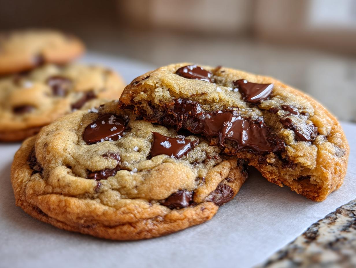 Close-up of a classic chocolate chip cookie broken in half, revealing gooey melted chocolate chips and a chewy interior.