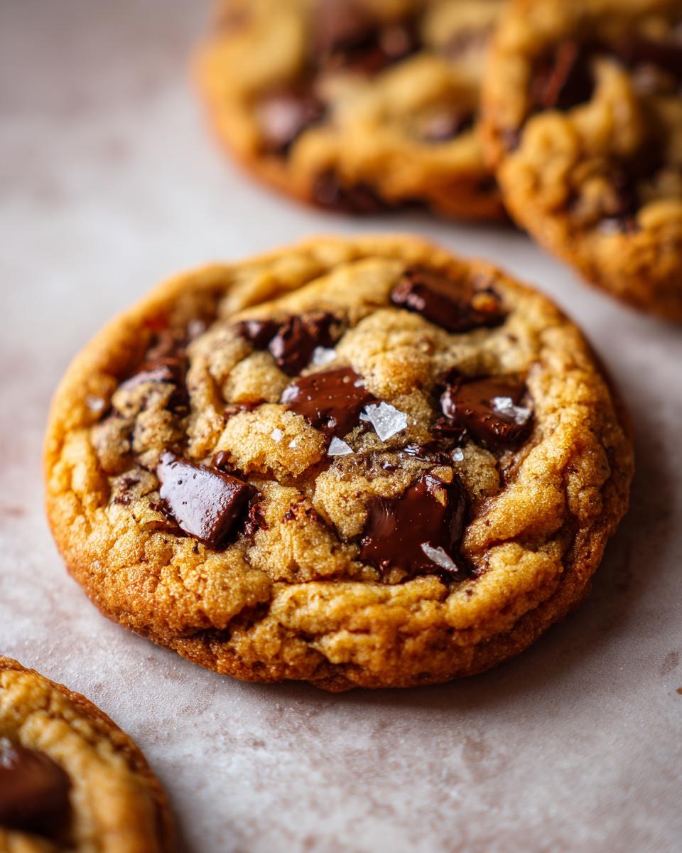 Close-up of a chewy classic chocolate chip cookie topped with dark chocolate chunks and flaky sea salt.
