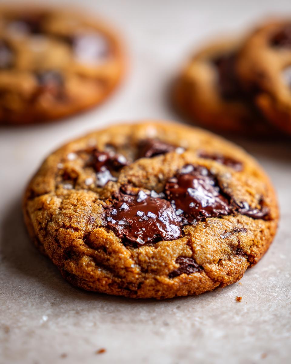 Close-up of a chewy classic chocolate chip cookie topped with melted chocolate and sea salt flakes.