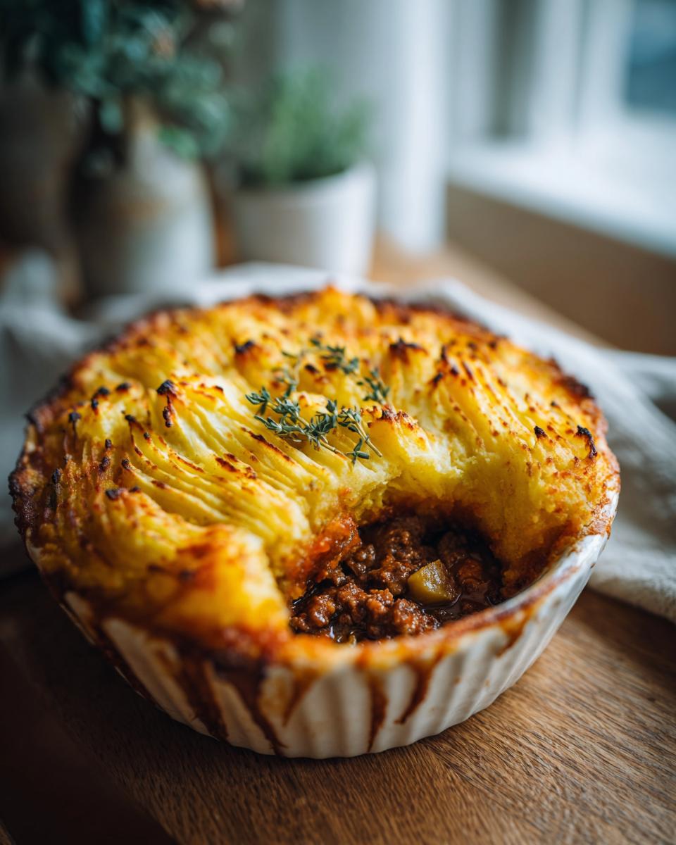 A close-up of a Classic Shepherd's Pie with a rich meat filling and a beautifully browned, piped potato topping, garnished with fresh thyme.