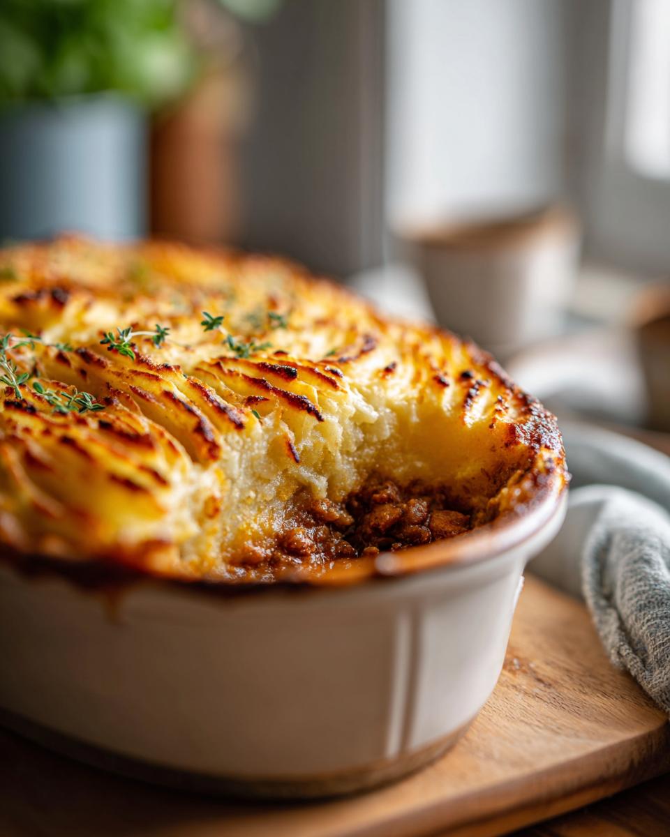 A close-up of a Classic Shepherd's Pie in a baking dish, showing the golden brown, fluted potato topping and savory meat filling.