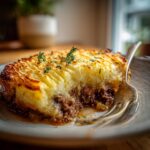 A close-up of a hearty slice of Classic Shepherd's Pie, featuring a rich meat filling topped with golden mashed potatoes and fresh herbs.