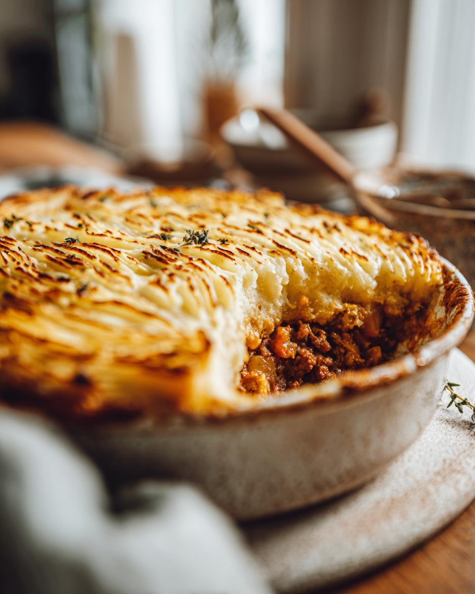 A close-up of a Classic Shepherd's Pie with a golden-brown mashed potato topping, a slice removed to reveal the savory meat filling.