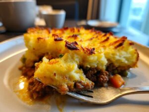 A fork taking a bite out of a hearty slice of Classic Shepherd's Pie, showing the rich meat filling and fluffy mashed potato topping.