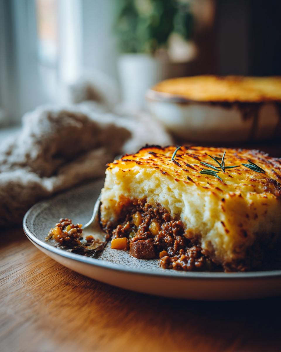 A close-up of a slice of Classic Shepherd's Pie, featuring a rich meat filling topped with golden mashed potatoes and a sprig of rosemary.