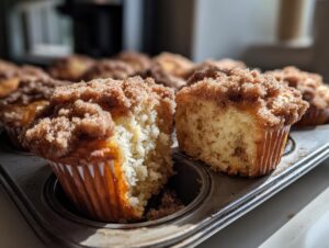 Close-up of moist coffee cake muffins in a muffin tin, one is broken in half showing the crumb.