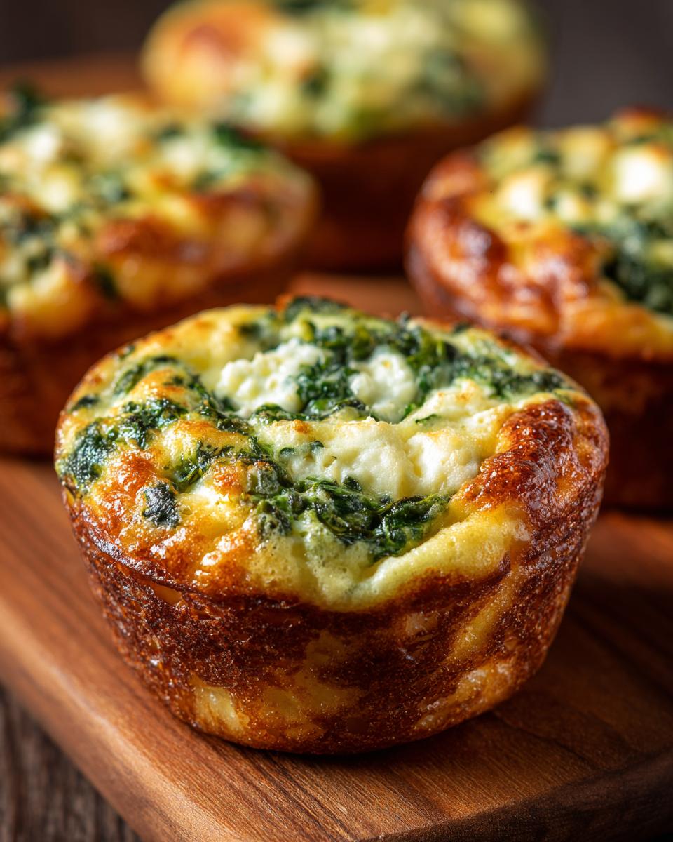 Close-up of delicious Cottage Cheese Egg Cups With Spinach & Feta on a wooden board.